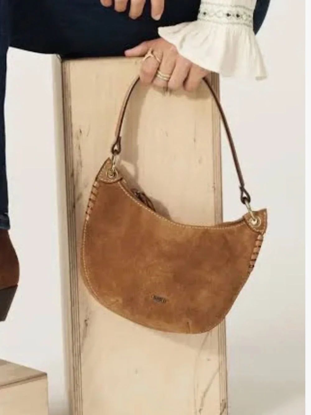 ba&sh Suede Crescent Shoulder Bag in Tan Brown